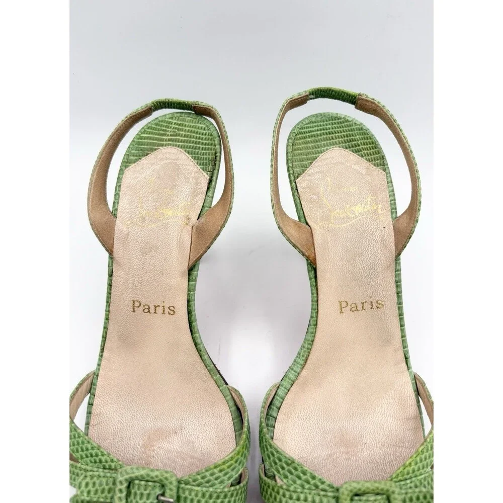 Christian Louboutin Green Python Slingback Heels w/ Buckle Accent Size EU 38